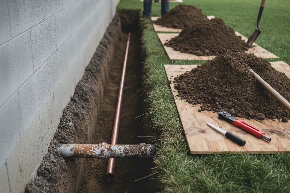 Excavated water line trench during Water Heater Repair in Big Laurel